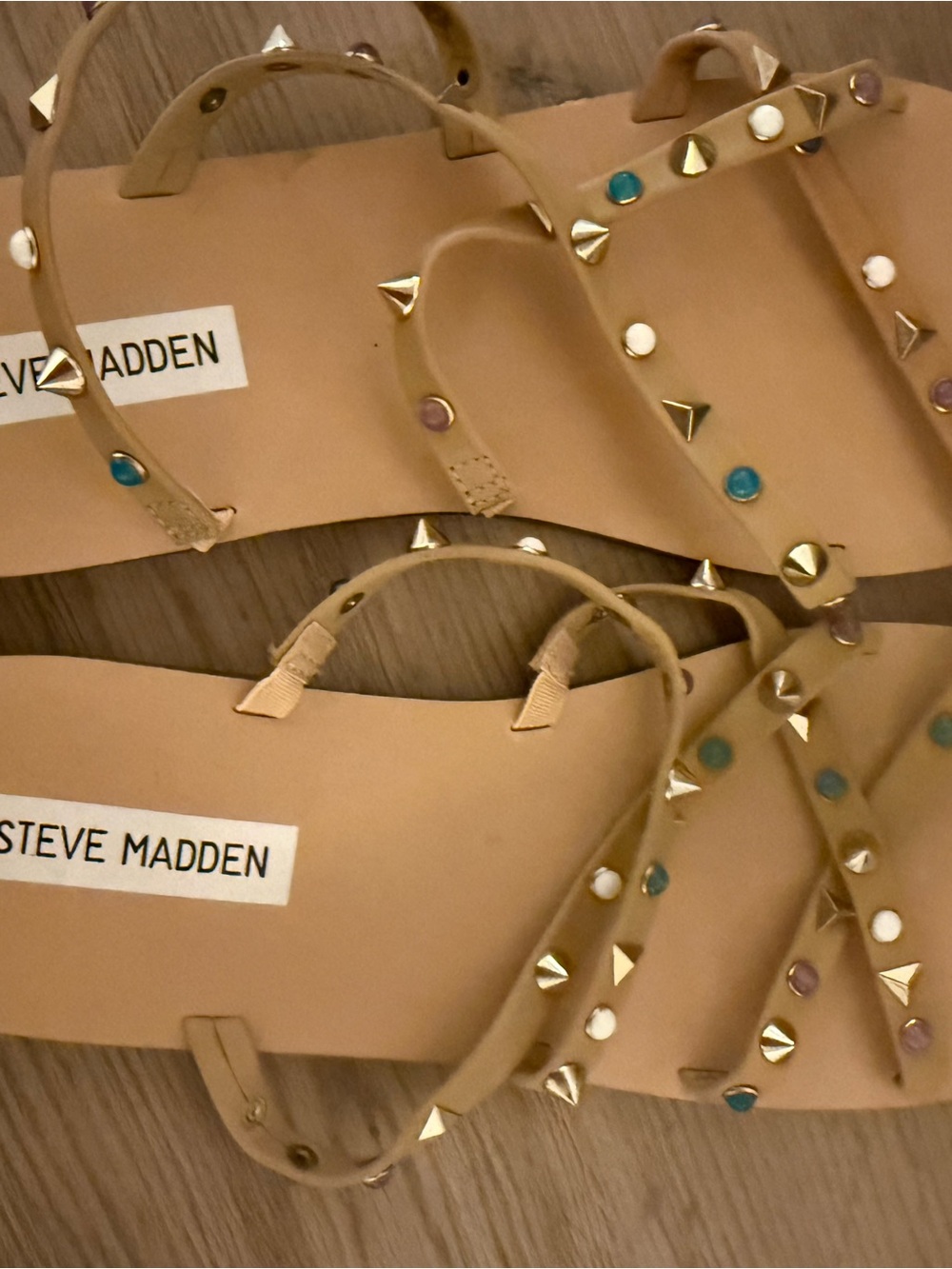 Steve Madden Tan Gem and Pyramid Stud Strap Sandals